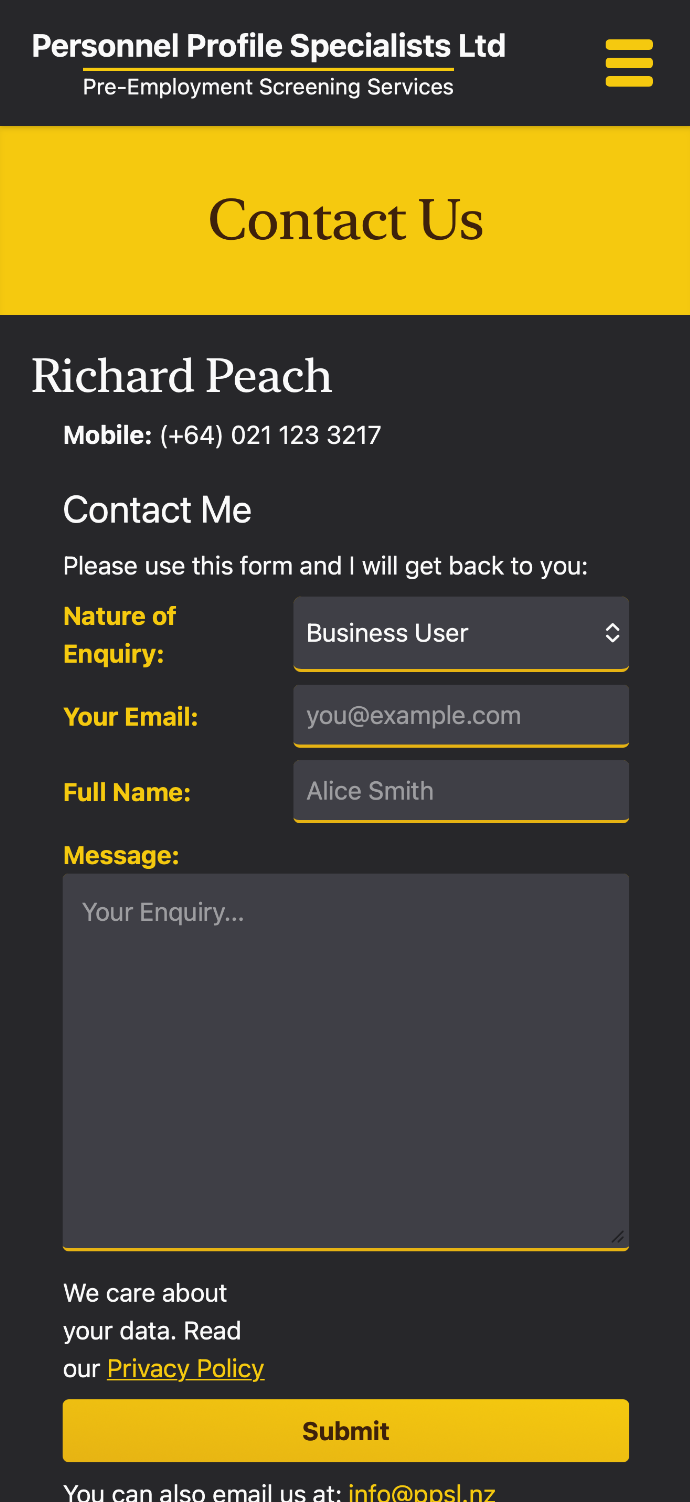 The contact form of ppsl.nz, viewed in a mobile screen-size.